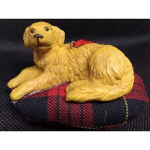 Vtg. Resin? Golden Retriever On Plush Tartan Pillow Christmas Ornament 2.75"